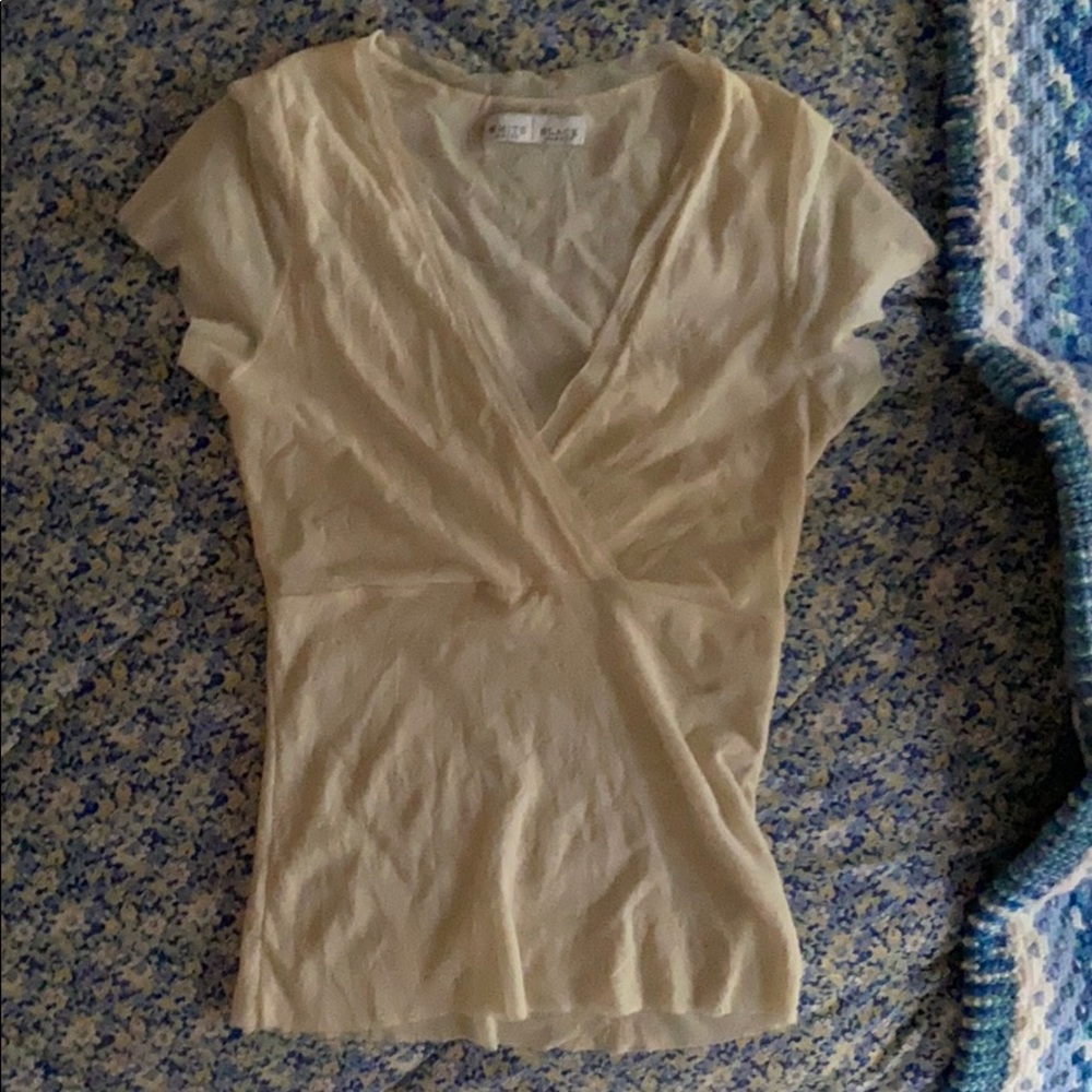 Cream v neck mesh shirt